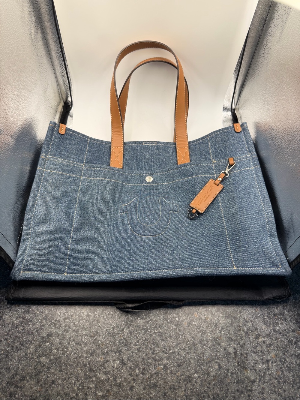 True Religion Large Denim Tote Bag Blue Jean Brown Shoulder Bag
